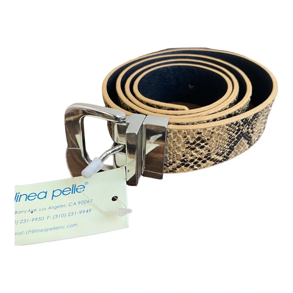 Linea Pelle Brown Black Reptile Snake Print‎ Silver Square Buckle Faux Belt